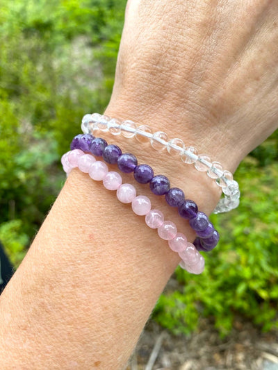 Drei Energie Armbänder aus Bergkristall, Amethyst, Rosenquarz