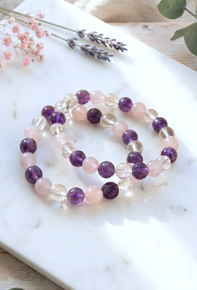 Amethyst, Rosenquarz, Bergkristall Armband