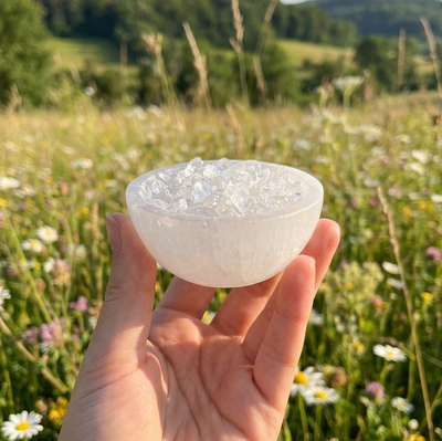 Selenit-Schale mit Bergkristall Steinchen