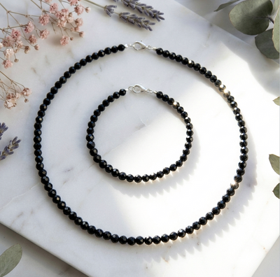 Facettiertes schwarzes Turmalin Armband + Halskette