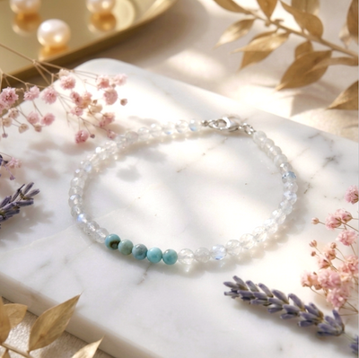 Facettiertes Larimar & Regenbogen Mondstein Armband - mit Silververschluss (A-Qualität)