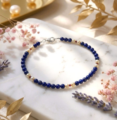 Lapis Armband - mit Perle & Granat (AAA-Qualität)