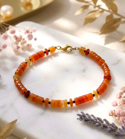 Karneol Armband mit Feueropal - mit 925er Silber-Vergoldetem Verschluss