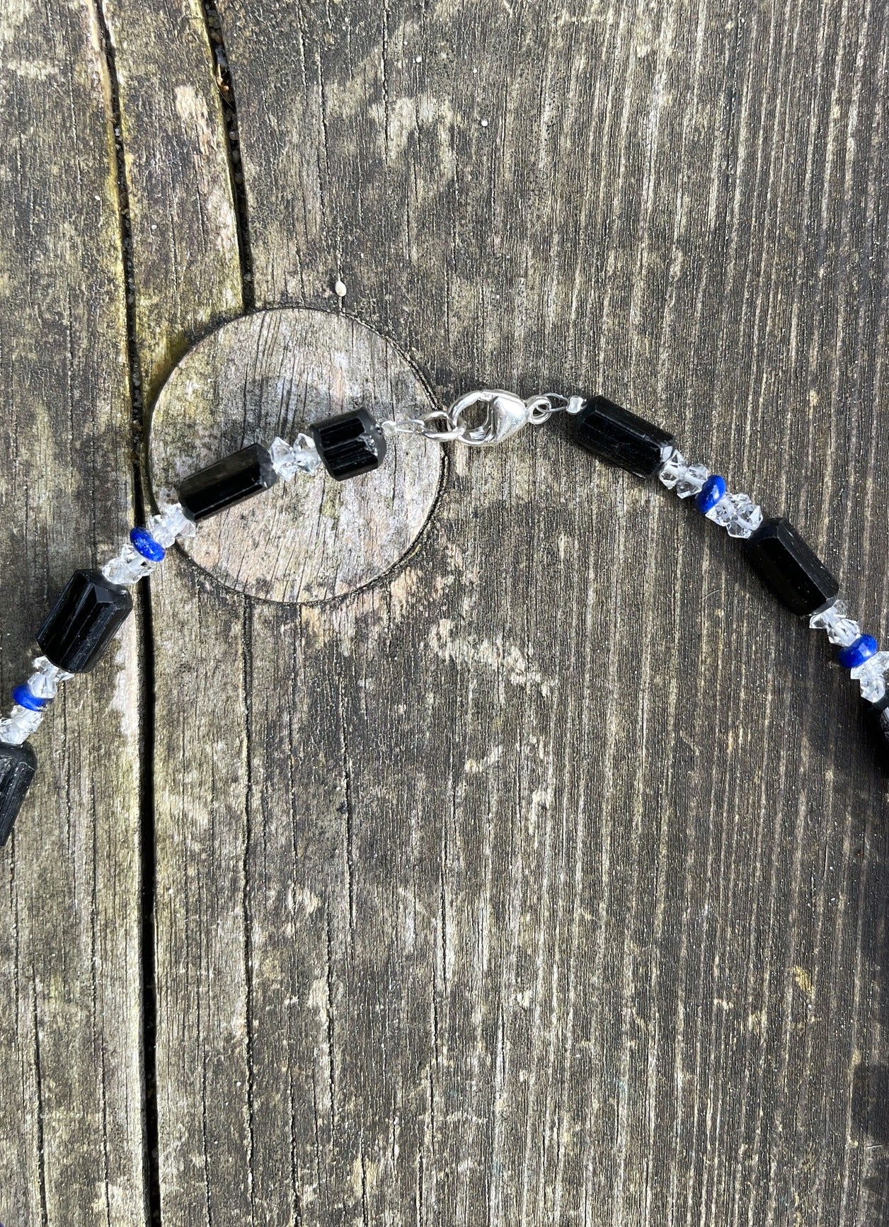 Schwarze Turmalin Halskette mit Herkimerquarz und Lapis - mit 925er Silberverschluss (A-Qualität)